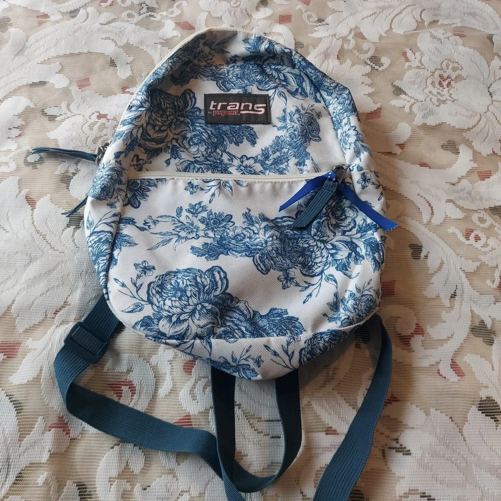 Trans by JanSport Mini Backpack Blue White Floral Toile Canvas JS0A3EPH 13x9